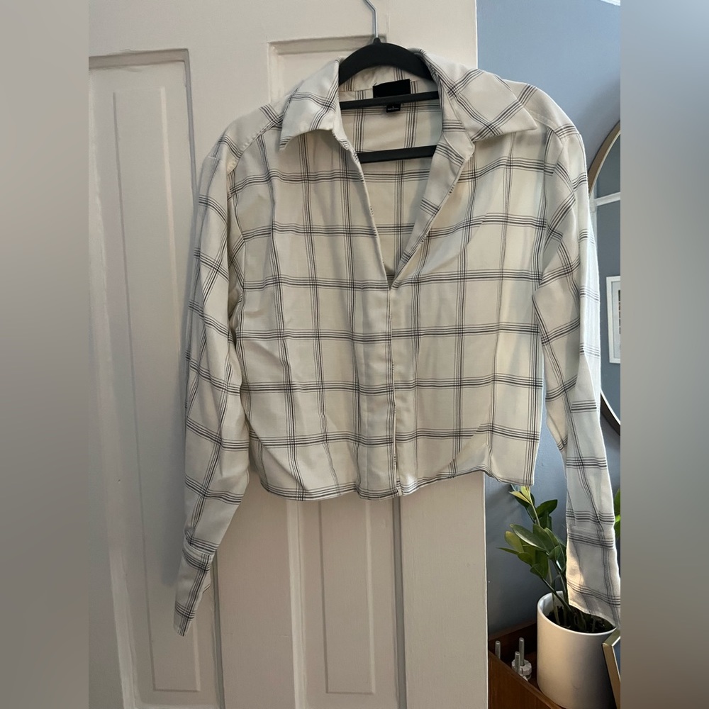 Windowpane cropped button up collared shirt